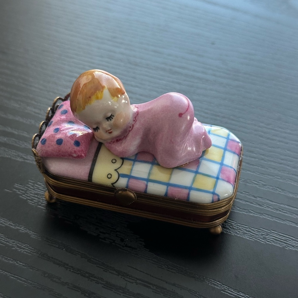 Limoges France La Glorietta Peint Main Trinket Box - Baby On Bed, Teddy Bear